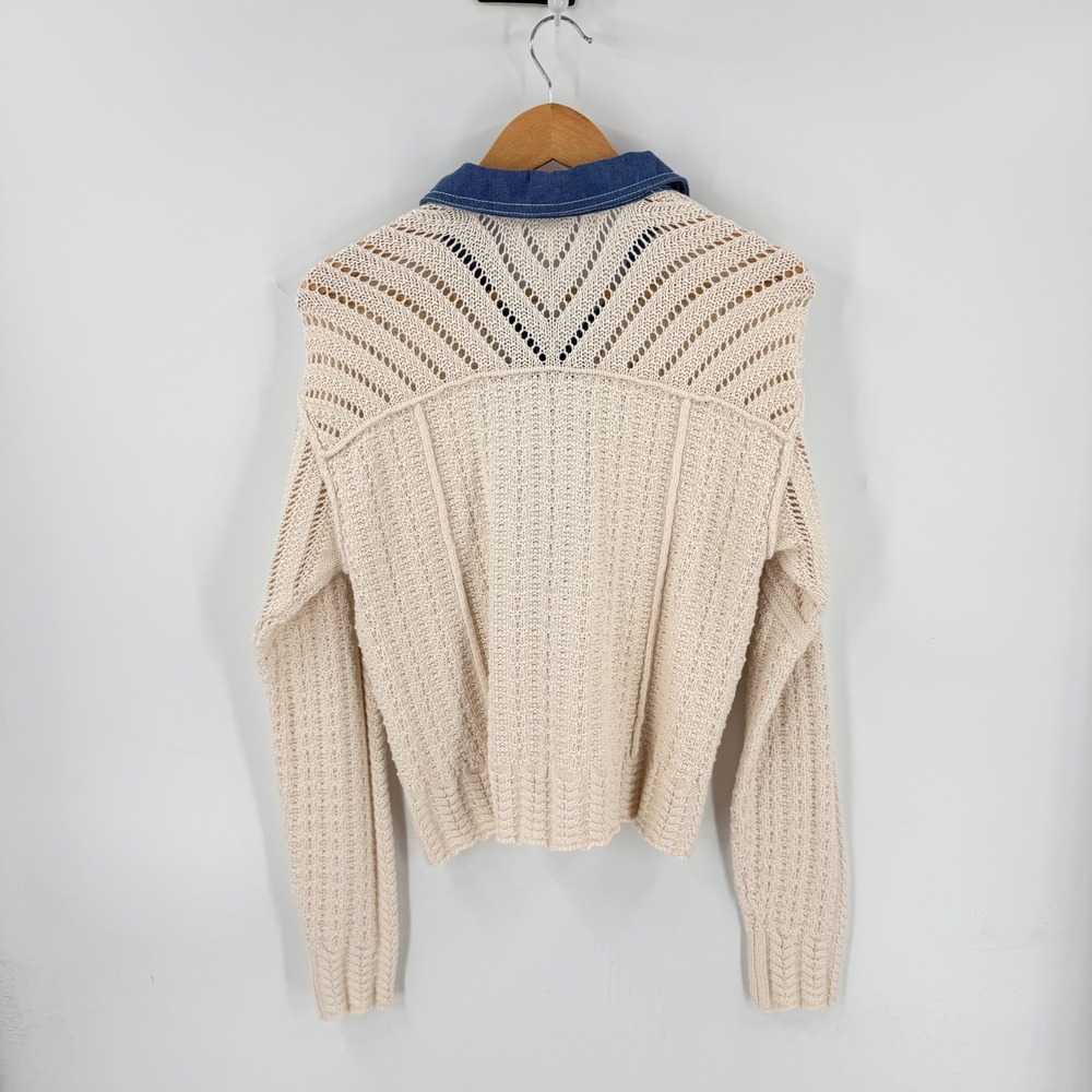 Sundance Mixed Media Open Knit Button Front Denim Trim Cardigan Size S Small - Picture 3 of 7
